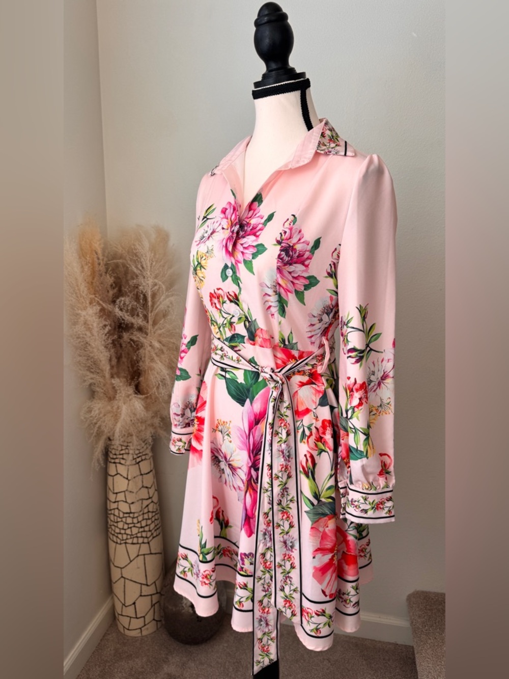 DALIA MACPHEE Pink Floral Long-Sleeve Shirt Dress with Tie Waist - S - Picture 2 of 8